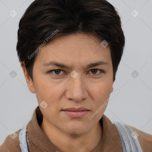 Joyful white adult female with short  brown hair and brown eyes