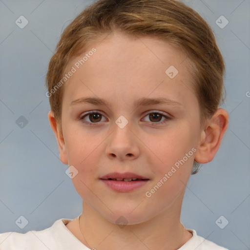 Joyful white child female with short  brown hair and brown eyes