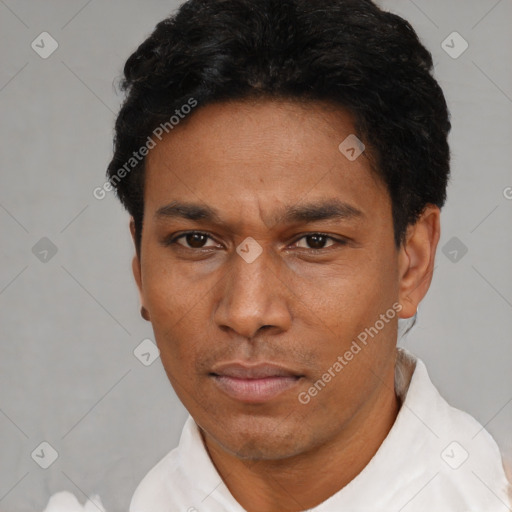 Neutral black adult male with short  black hair and brown eyes