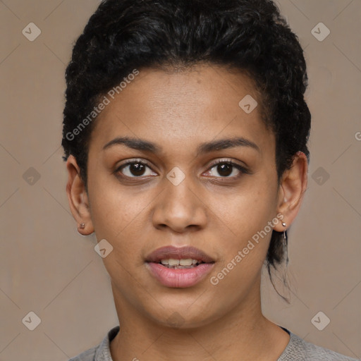 Joyful latino young-adult female with short  black hair and brown eyes