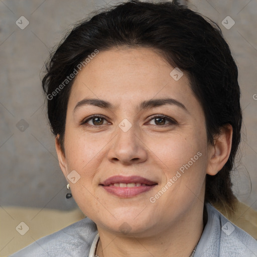 Joyful white adult female with short  brown hair and brown eyes