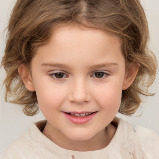 Joyful white child female with medium  brown hair and brown eyes