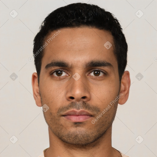 Neutral latino young-adult male with short  black hair and brown eyes