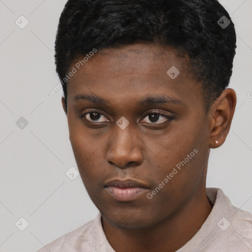 Neutral black young-adult male with short  black hair and brown eyes