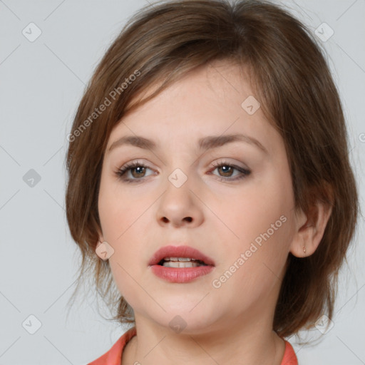 Neutral white young-adult female with medium  brown hair and brown eyes