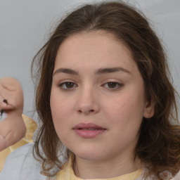 Neutral white young-adult female with medium  brown hair and brown eyes