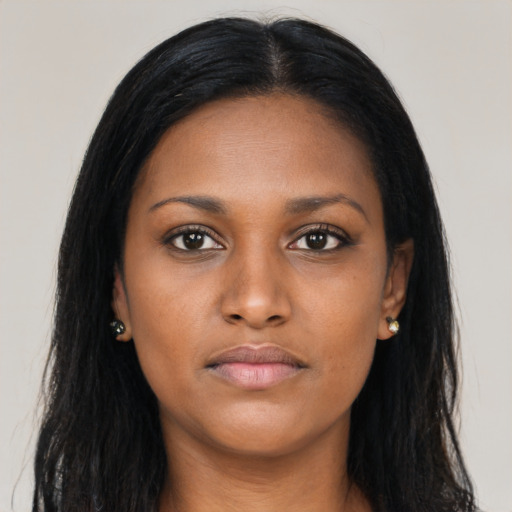 Neutral asian young-adult female with long  black hair and brown eyes
