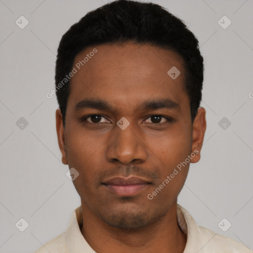 Neutral latino young-adult male with short  black hair and brown eyes