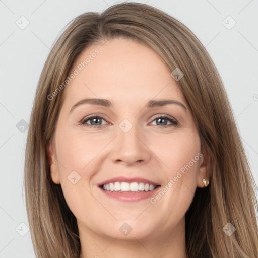 Joyful white young-adult female with long  brown hair and grey eyes