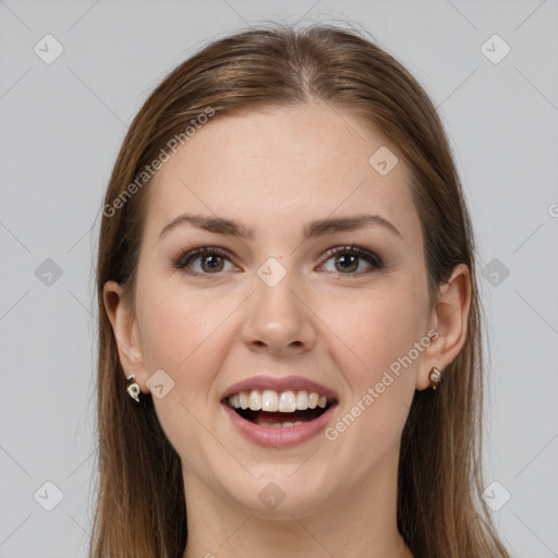 Joyful white young-adult female with long  brown hair and grey eyes