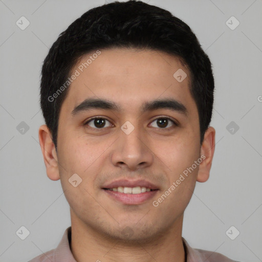 Joyful latino young-adult male with short  black hair and brown eyes