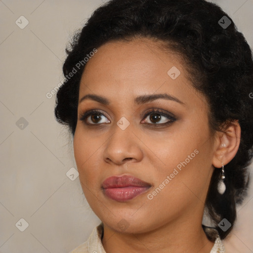 Joyful black young-adult female with medium  brown hair and brown eyes