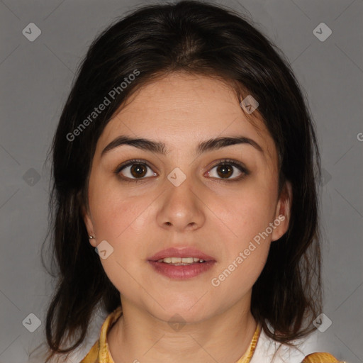 Joyful white young-adult female with medium  brown hair and brown eyes