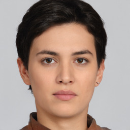 Neutral white young-adult female with short  brown hair and brown eyes