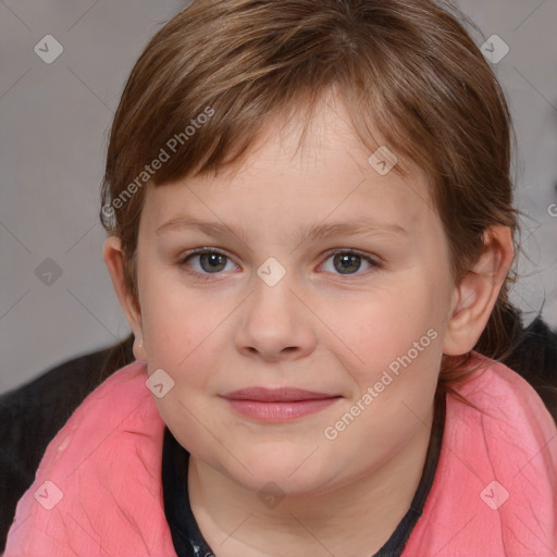 Joyful white child female with medium  brown hair and blue eyes