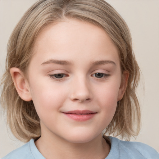 Joyful white child female with medium  brown hair and grey eyes