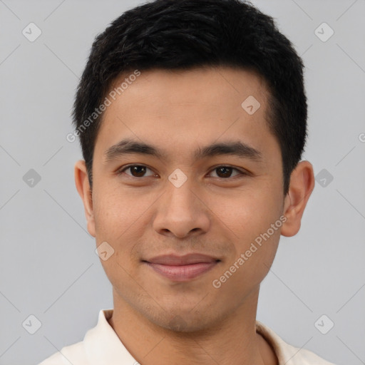 Joyful latino young-adult male with short  brown hair and brown eyes