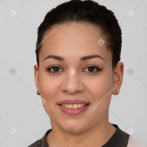 Joyful white young-adult female with short  brown hair and brown eyes