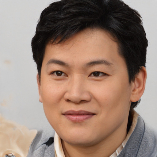 Joyful asian young-adult male with short  brown hair and brown eyes