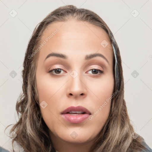 Neutral white young-adult female with long  brown hair and brown eyes