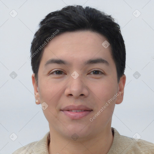 Joyful white young-adult male with short  black hair and brown eyes