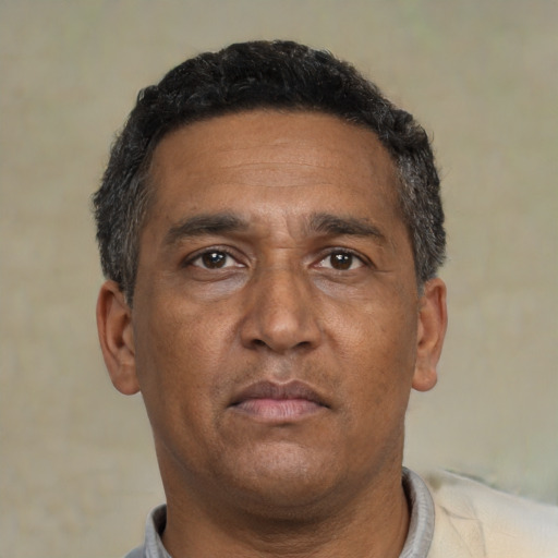 Neutral black adult male with short  black hair and brown eyes