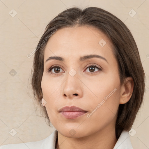 Neutral white young-adult female with medium  brown hair and brown eyes