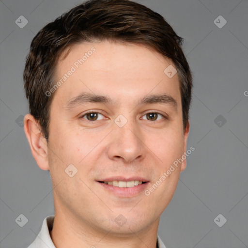 Joyful white young-adult male with short  brown hair and brown eyes