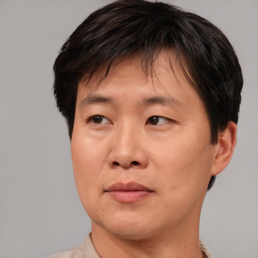 Neutral asian adult male with short  brown hair and brown eyes
