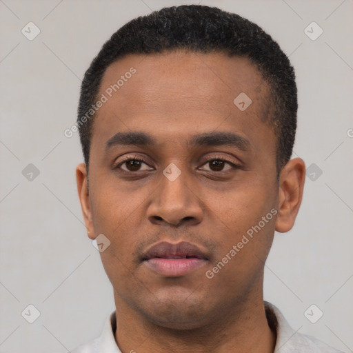 Neutral latino young-adult male with short  black hair and brown eyes
