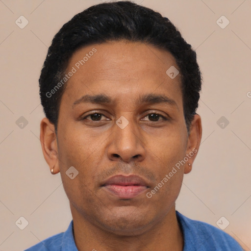 Neutral latino adult male with short  black hair and brown eyes