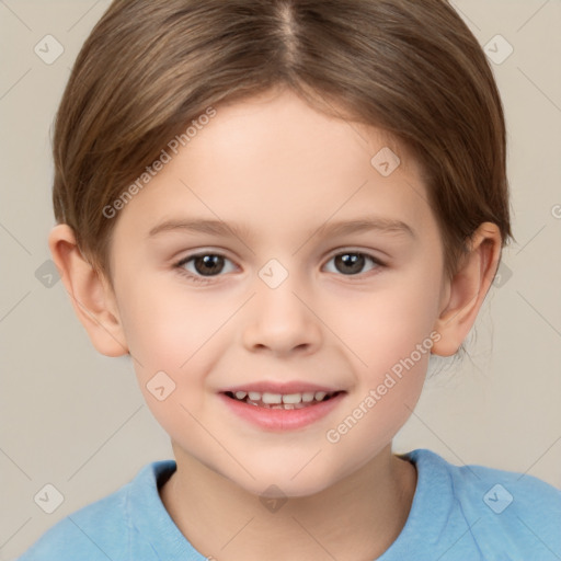 Joyful white child female with short  brown hair and brown eyes