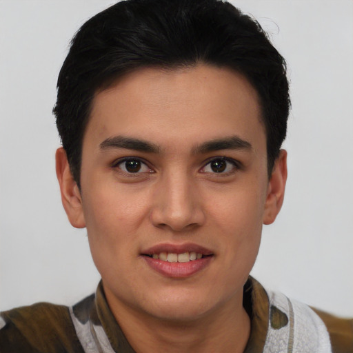 Joyful latino young-adult male with short  black hair and brown eyes
