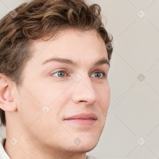 Neutral white young-adult male with short  brown hair and grey eyes