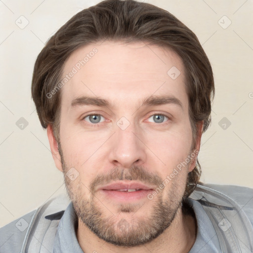 Neutral white young-adult male with short  brown hair and grey eyes