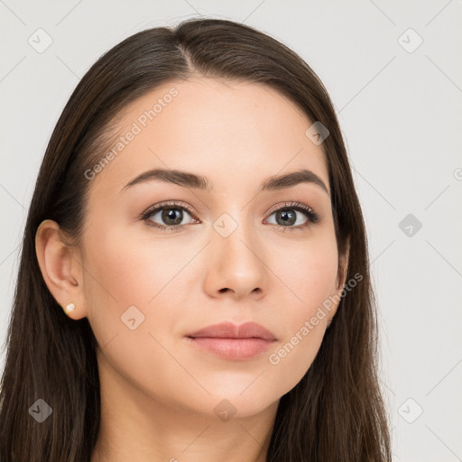 Neutral white young-adult female with long  brown hair and brown eyes