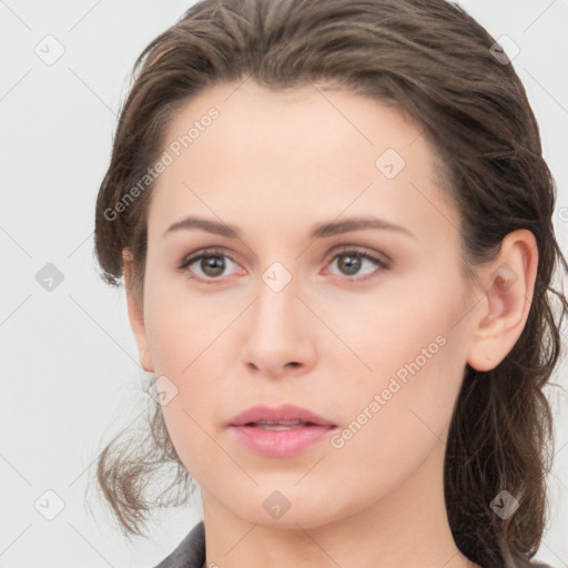 Neutral white young-adult female with medium  brown hair and grey eyes