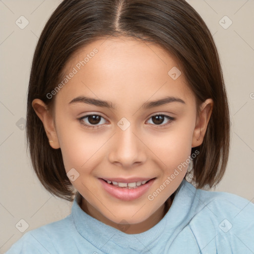 Joyful white child female with medium  brown hair and brown eyes