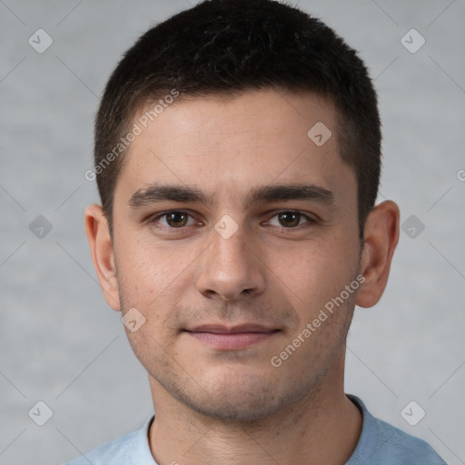 Neutral white young-adult male with short  brown hair and brown eyes