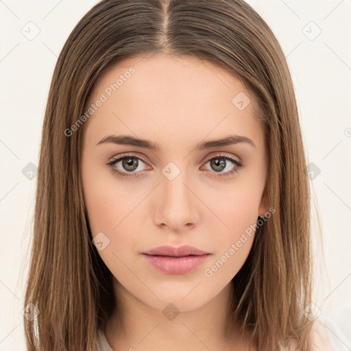 Neutral white young-adult female with long  brown hair and brown eyes