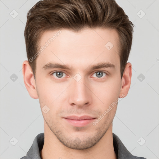 Neutral white young-adult male with short  brown hair and grey eyes