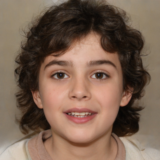 Joyful white child female with medium  brown hair and brown eyes