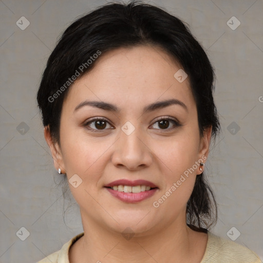 Joyful white young-adult female with medium  brown hair and brown eyes