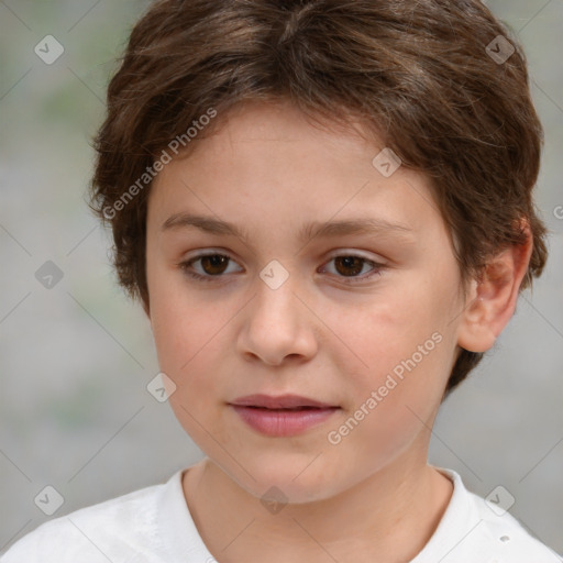 Joyful white child female with short  brown hair and brown eyes