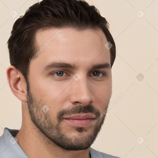 Neutral white young-adult male with short  brown hair and brown eyes