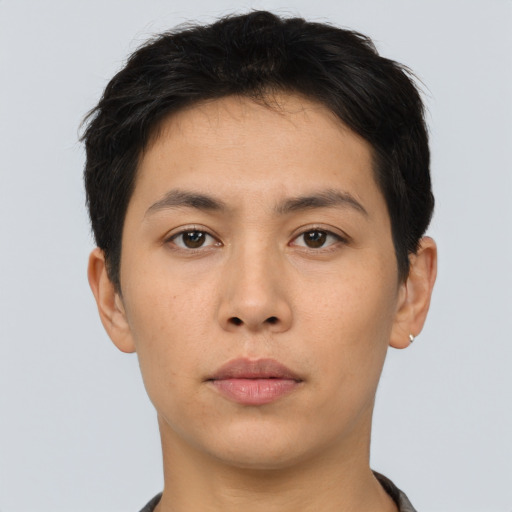 Neutral asian young-adult male with short  brown hair and brown eyes