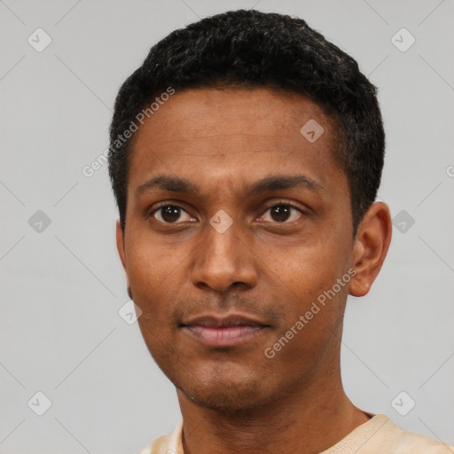 Neutral latino young-adult male with short  black hair and brown eyes