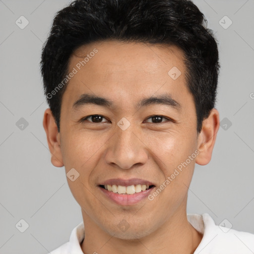 Joyful white young-adult male with short  black hair and brown eyes