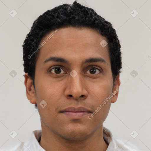 Neutral latino young-adult male with short  black hair and brown eyes