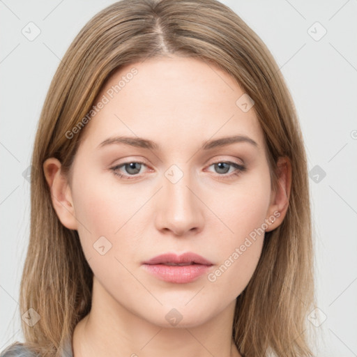 Neutral white young-adult female with long  brown hair and grey eyes